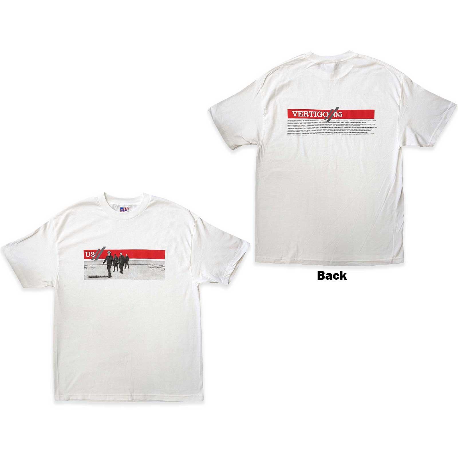 U2 Unisex T-Shirt: Vertigo 2005 Band Photo (Back Print & Ex-Tour) (X-Large)