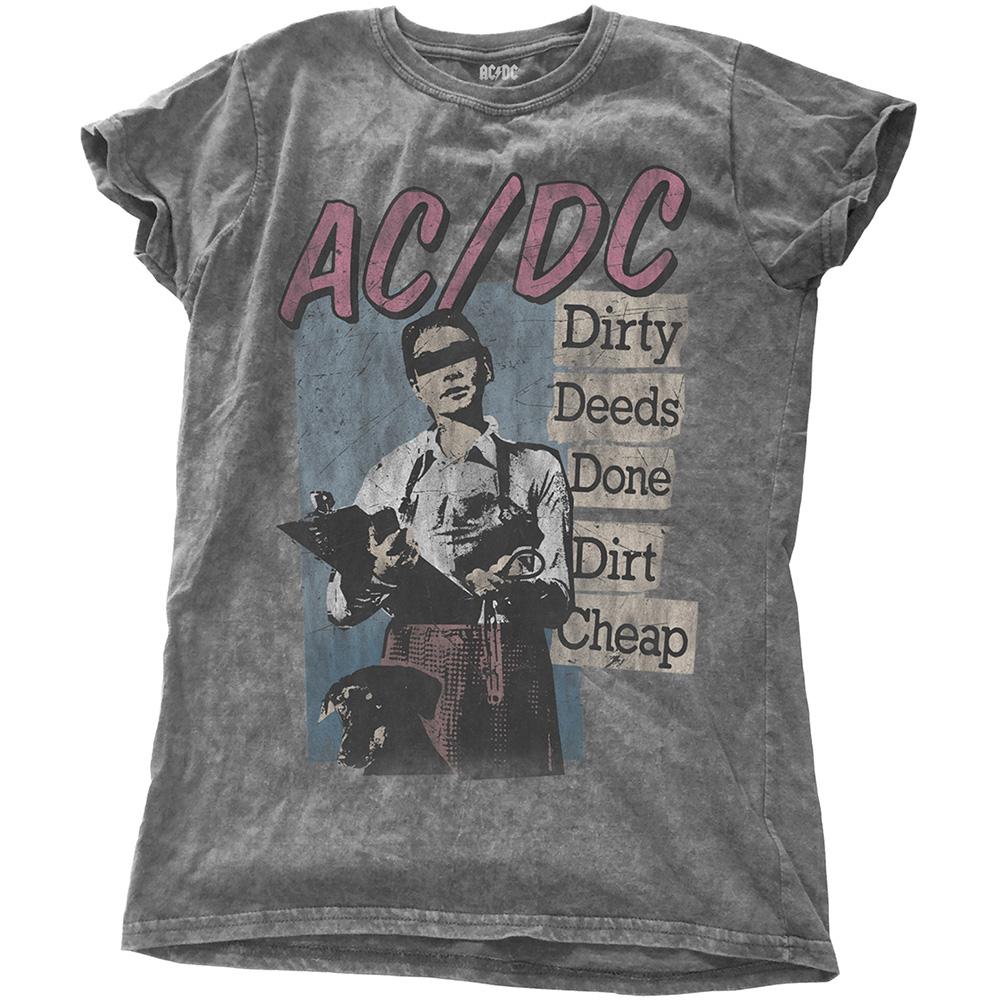 AC/DC Ladies Fashion Tee: Dirty Deeds Done Dirt Cheap with Snow Wash Finishing (Medium)