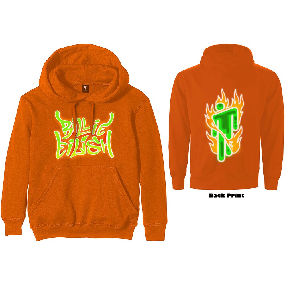 Billie Eilish Unisex Pullover Hoodie: Airbrush Flames Blohsh (Back Print) (Large)