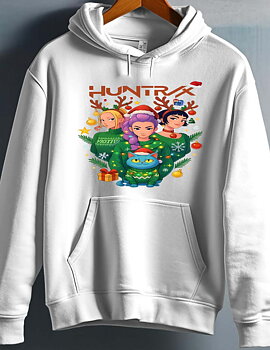 Huntrix Kpop Demon Hunters barn hoodie: "Christmas" - vit - storlek 9-11 år