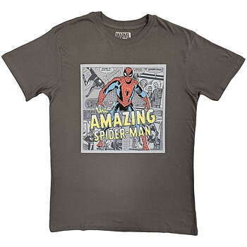 Marvel Comics Unisex T-Shirt: Amazing Spider-Man Comic Background (Charcoal Grey) (Large)