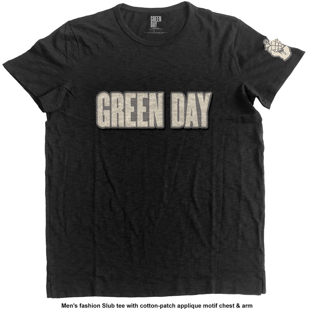 Green Day Unisex Applique T-Shirt: Logo & Grenade (Large) - 2
