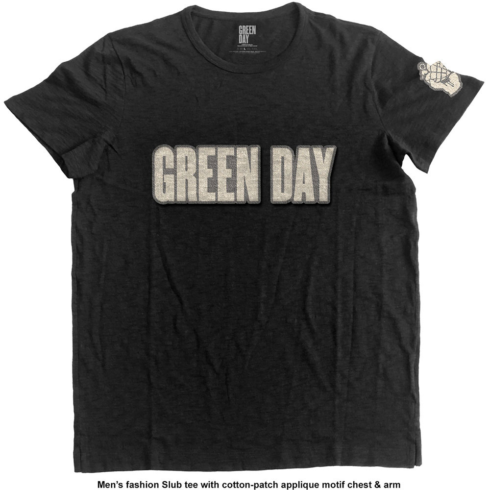 Green Day Unisex Applique T-Shirt: Logo & Grenade (X-Large)