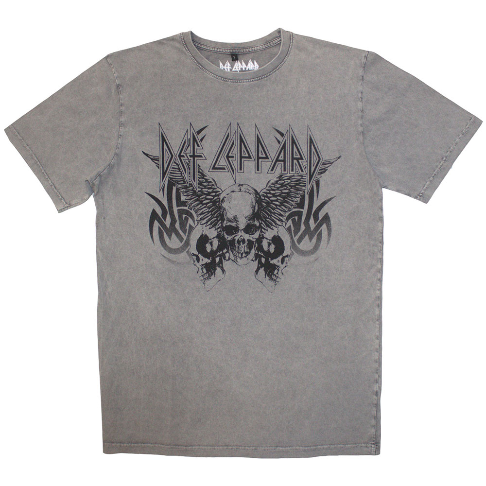 Def Leppard Unisex Stone Wash T-Shirt: Tribal Skull (Small)