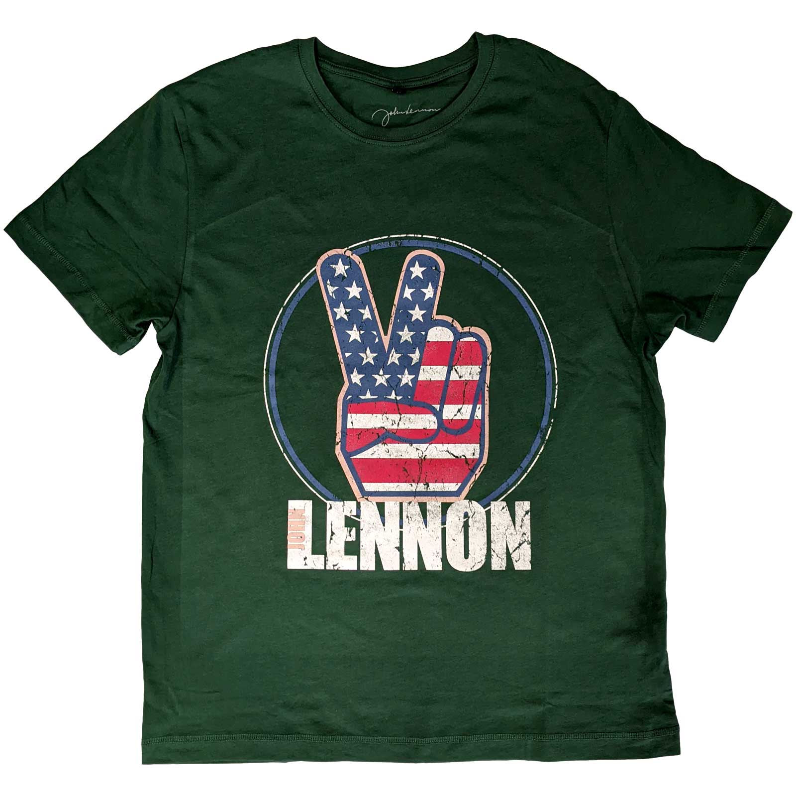 John Lennon Unisex T-Shirt: Peace Fingers US Flag (Small)