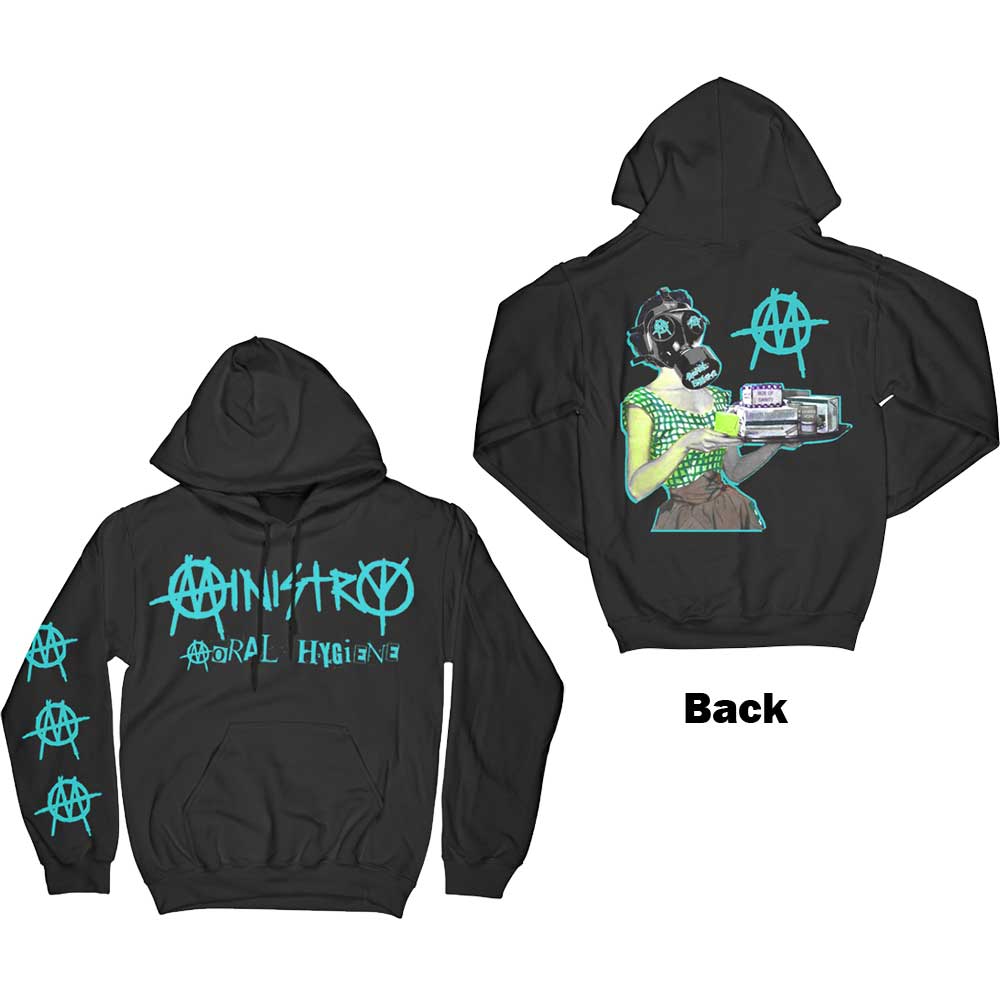 Ministry Unisex Pullover Hoodie: Moral Hygiene Gasmask (Back & Sleeve Print) (Medium)
