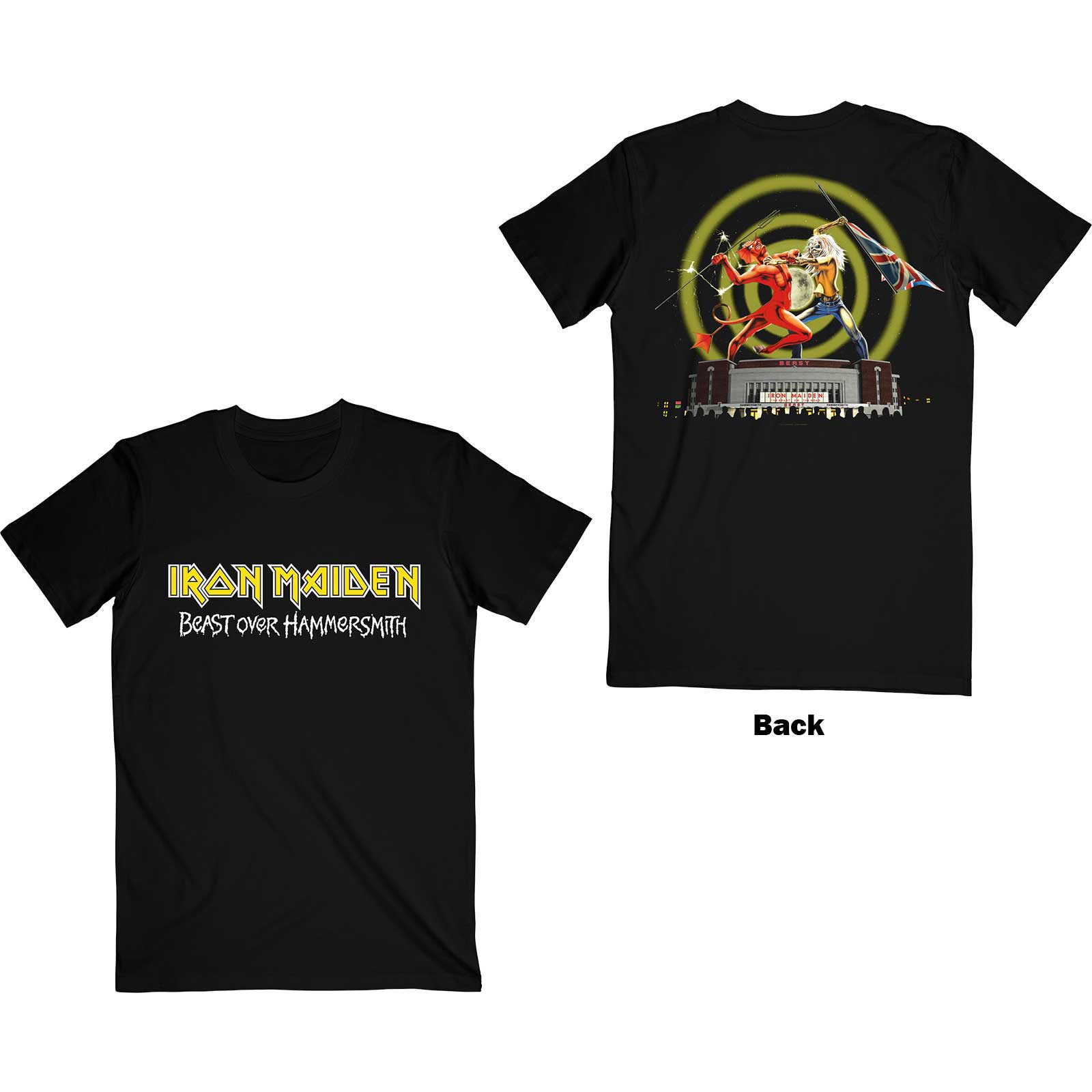 Iron Maiden Unisex T-Shirt: Beast Over Hammersmith Eddie & Devil (Back Print) (X-Large)