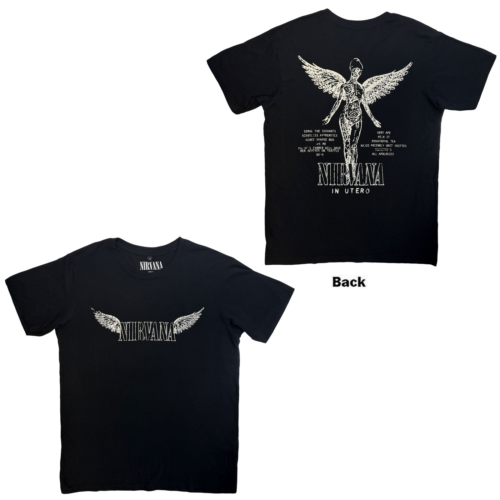 Nirvana Unisex Carbon T-Shirt: In Utero Tracklist (Black) (Back Print) (Small)