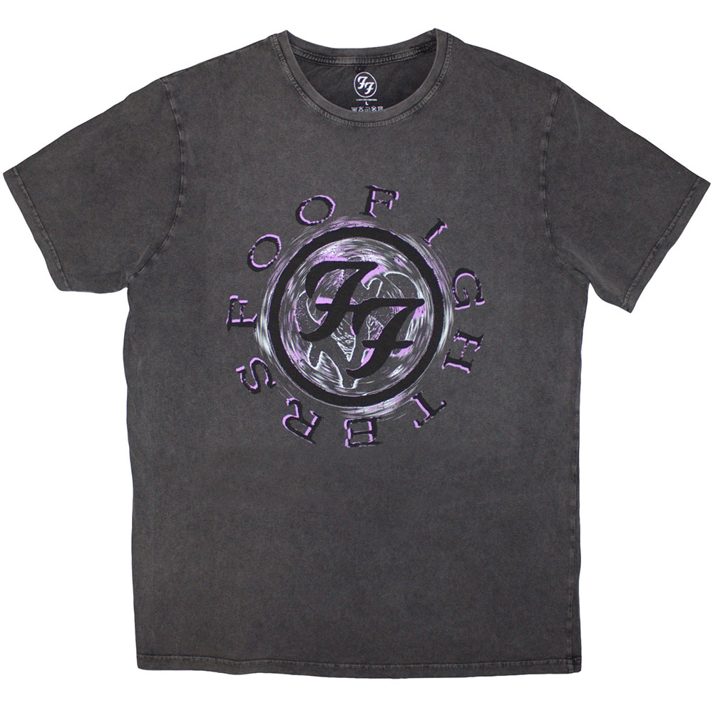 Foo Fighters Unisex Stone Wash T-Shirt: Wheel Logo Shadow (Charcoal Grey) (Medium)