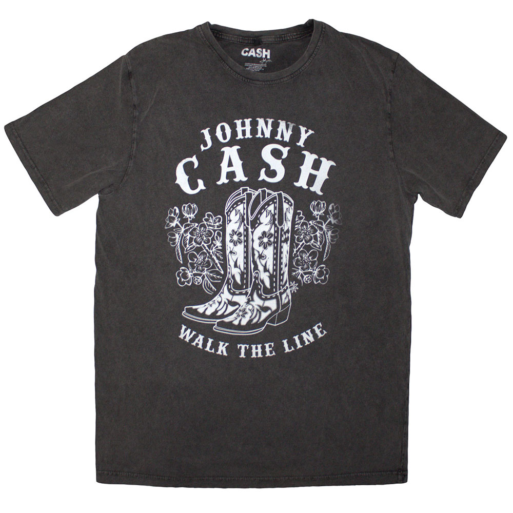 Johnny Cash Unisex Stone Wash T-Shirt: Walk The Line Boots (Charcoal Grey) (Small)