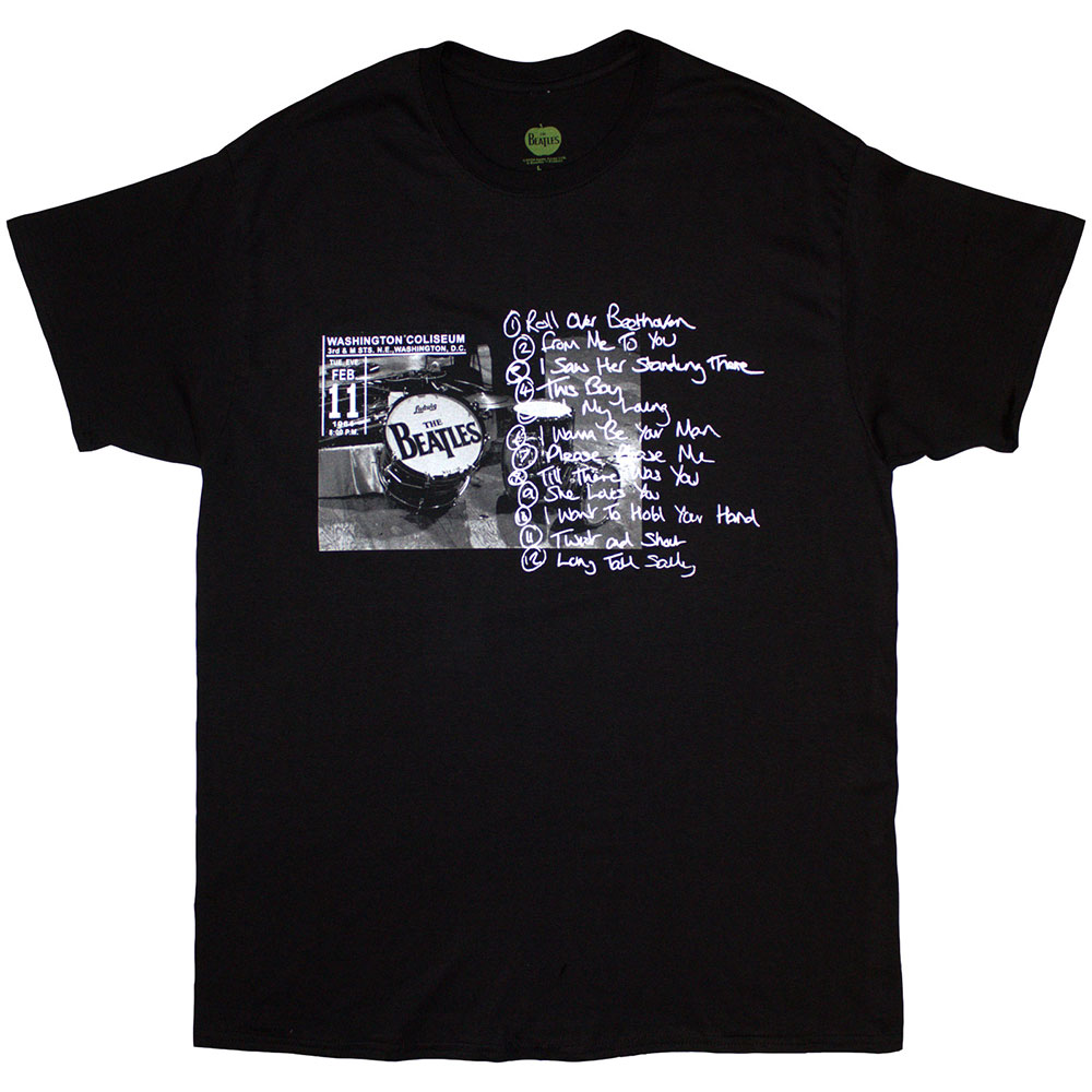 The Beatles Unisex T-Shirt: Washington '64 Drum Photo & Setlist (Black) (Medium)