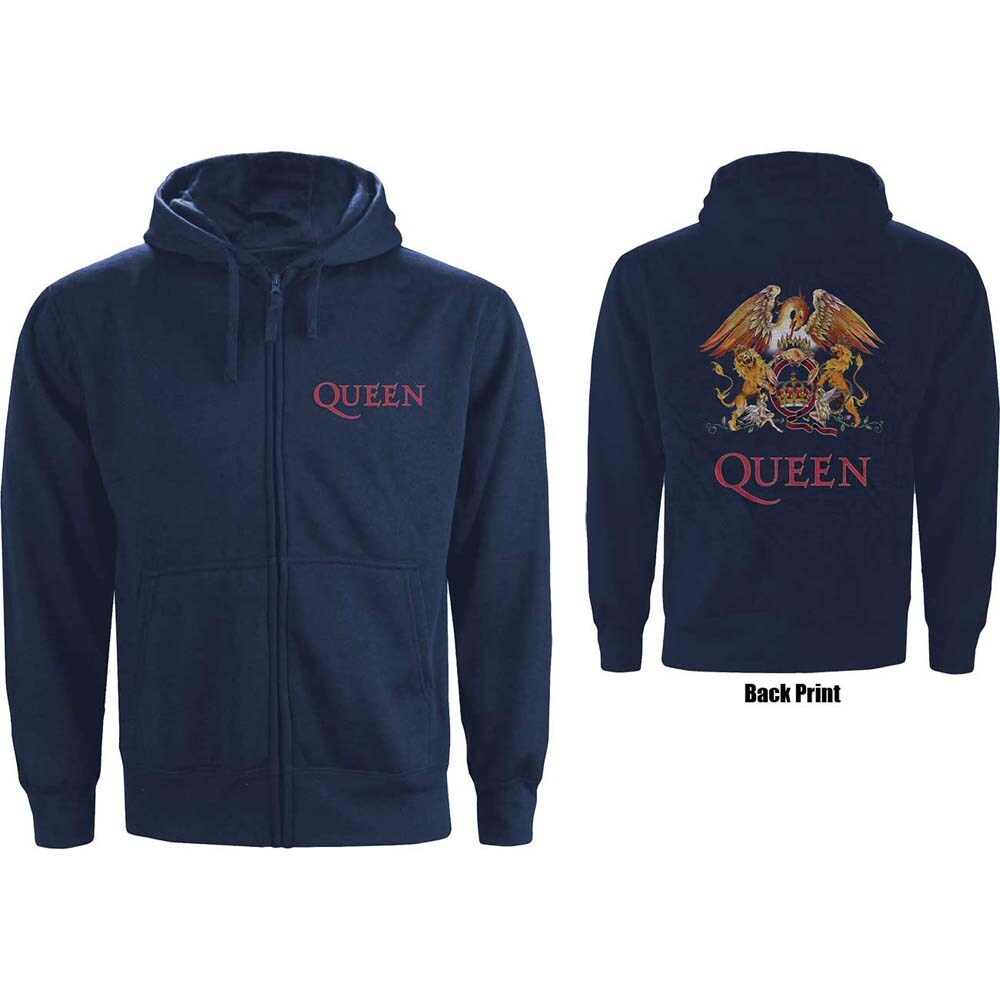 Queen Unisex Zipped Hoodie: Classic Crest (Back Print) (Large)