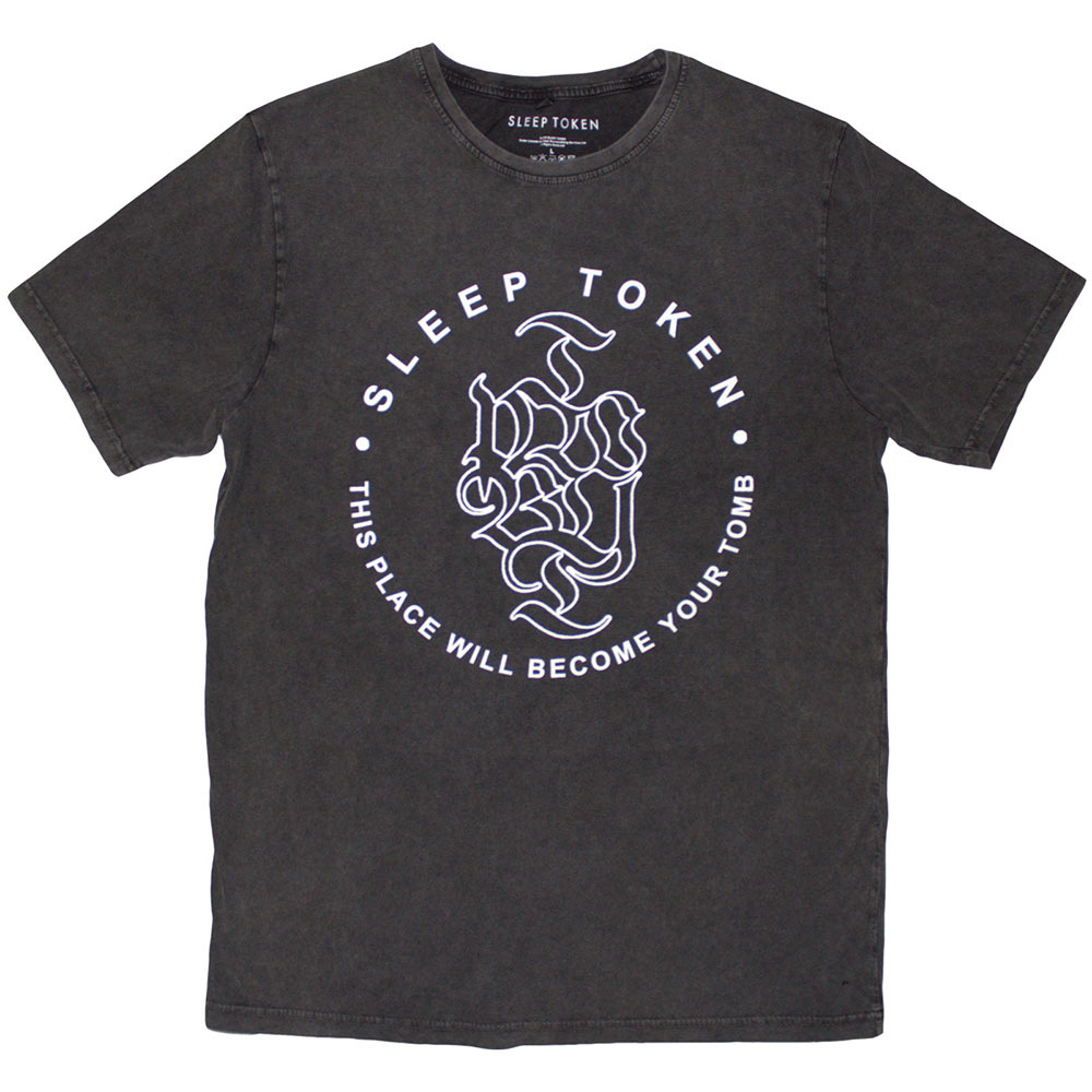 Sleep Token Unisex Stone Wash T-Shirt: Tomb Text Ring (Charcoal Grey) (Large)