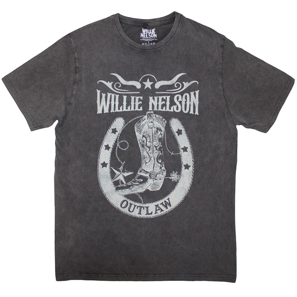 Willie Nelson Unisex Stone Wash T-Shirt: Outlaw (Charcoal Grey) (Large)