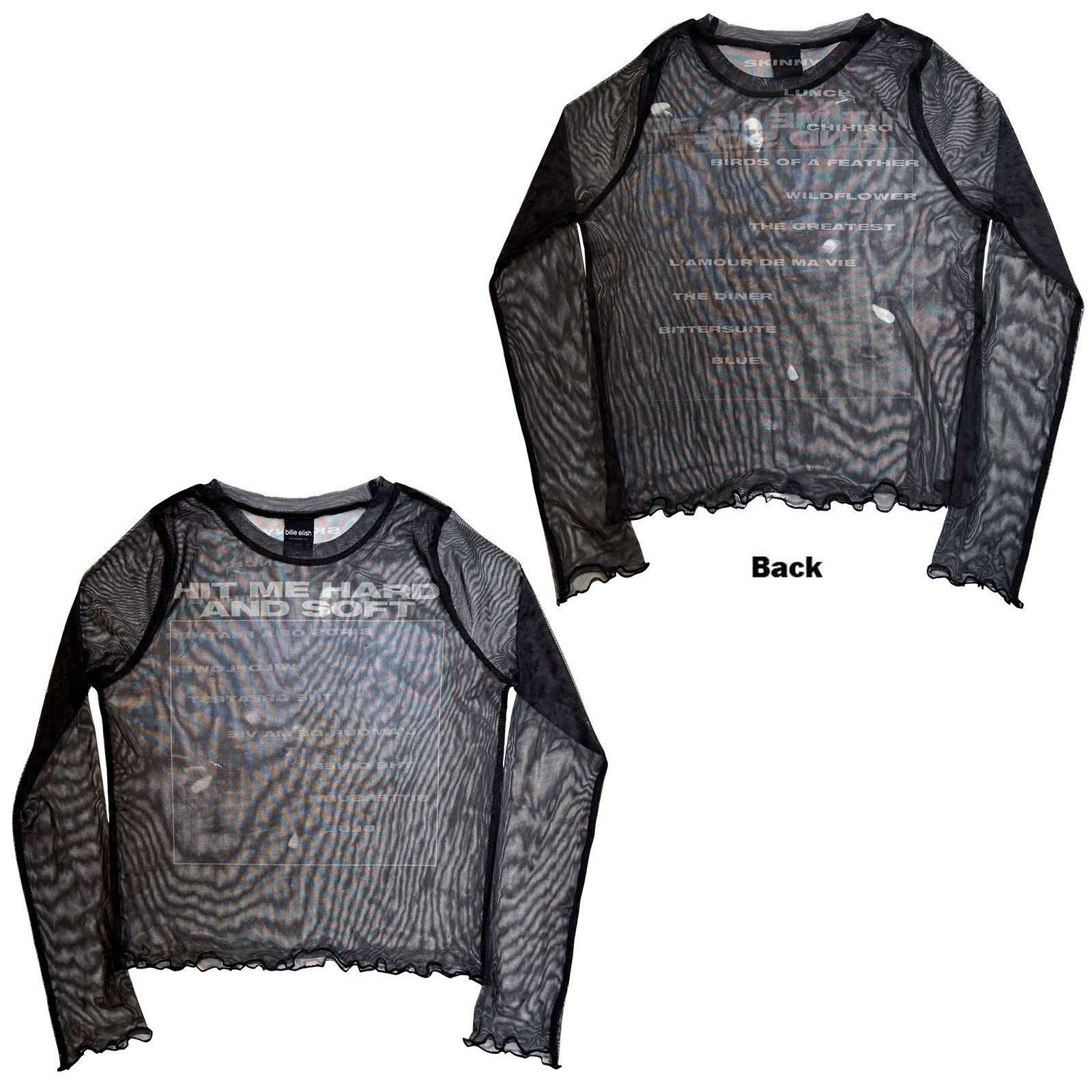 Billie Eilish Dam Langermet Mesh Crop Top: HMHAS Tracklist (Svart) (Trykk på ryggen) - 2