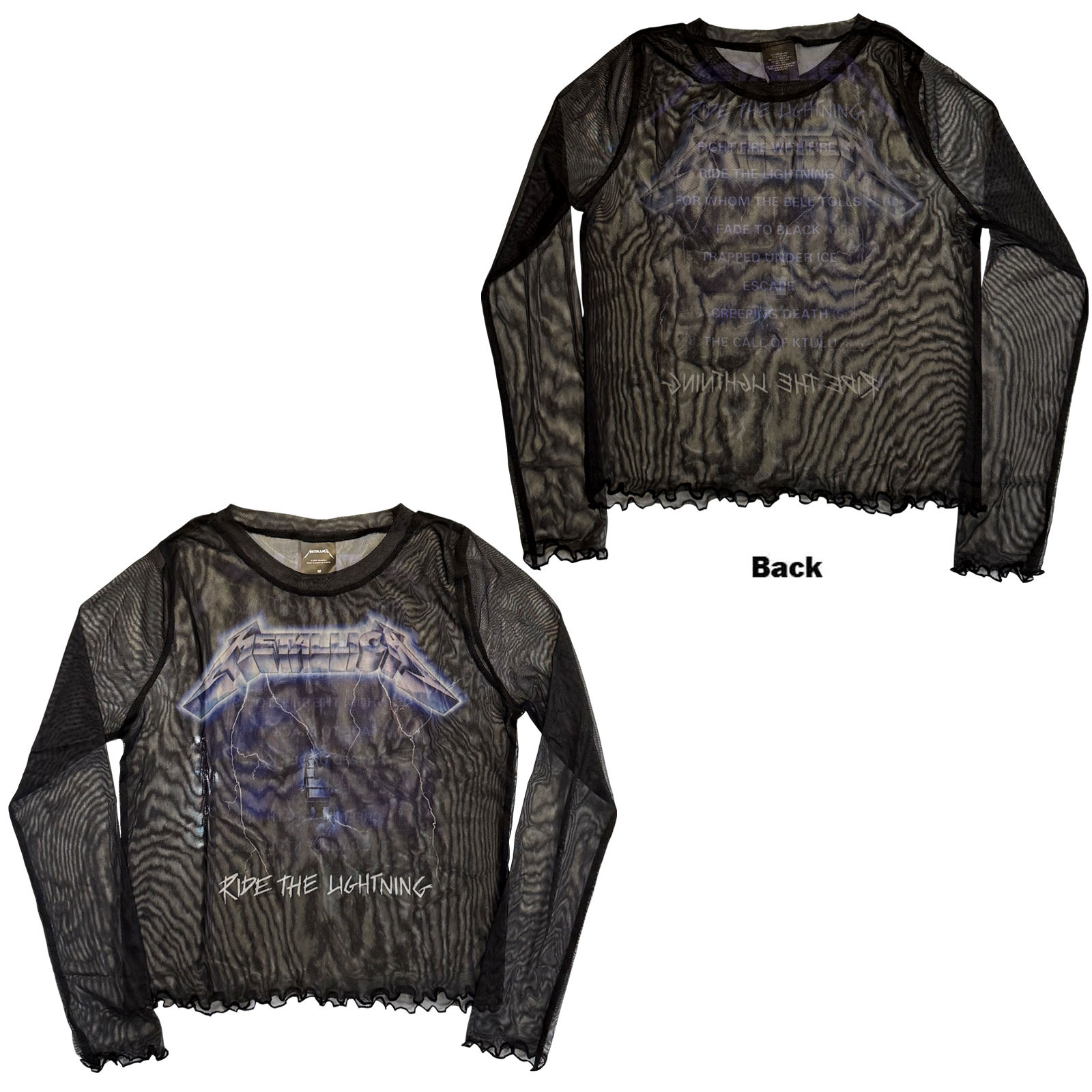 Metallica Langærmet Mesh-Crop-Top Til Kvinder: Ride The Lightning (Sort) (Tryk På Ryggen) - 2