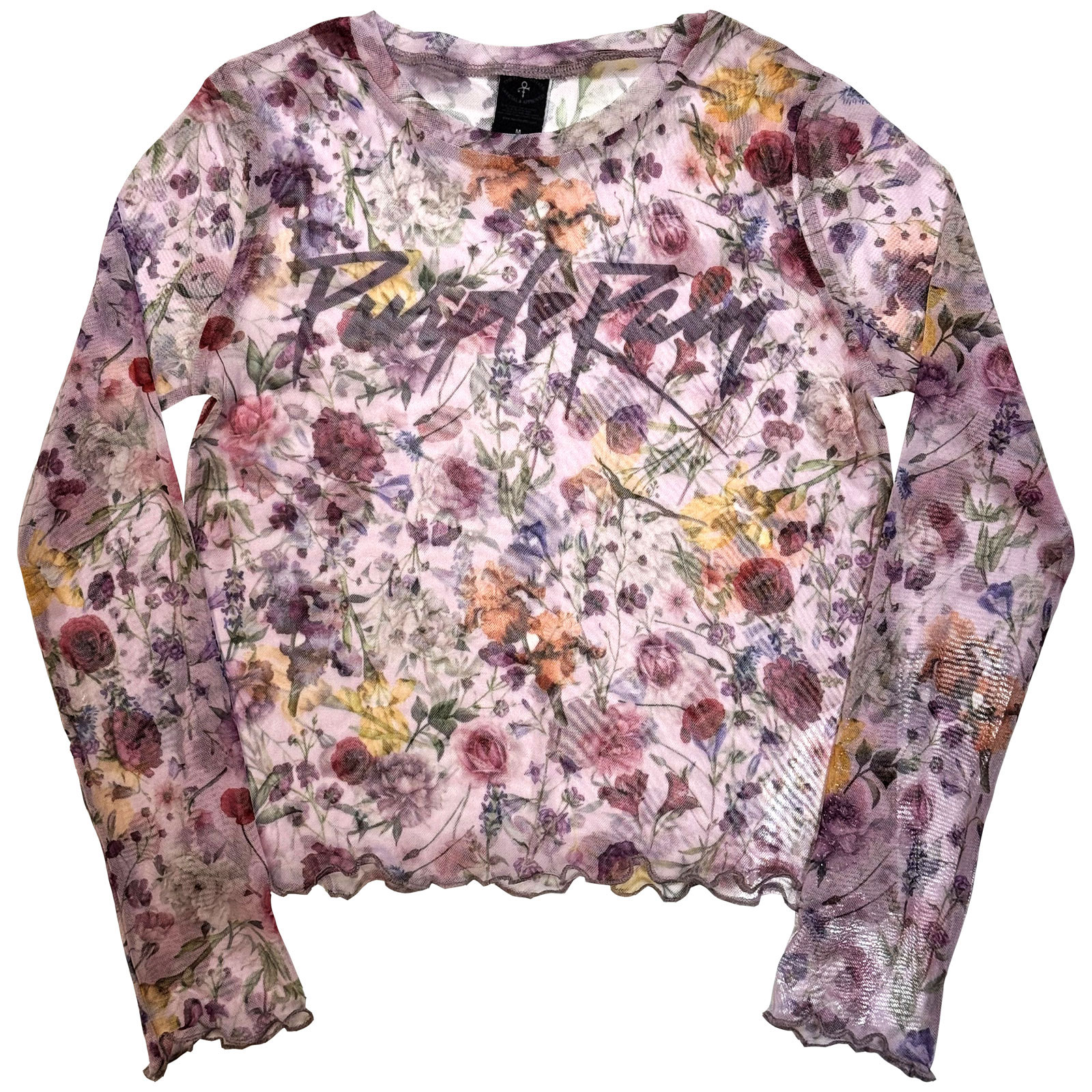 Prince Dam Langermet Mesh-Crop-Top:  Purple Rain Logo Floral (Rosa) - 2
