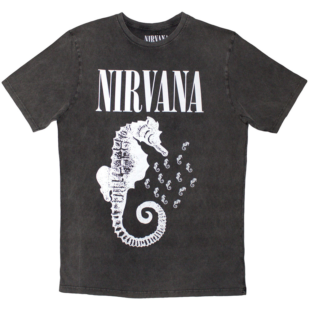 Nirvana Unisex Stone Wash T-Shirt: Seahorse & Logo Mono (Charcoal Grey) (XX-Large)