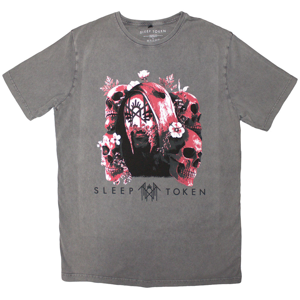 Sleep Token Unisex Stone Wash T-Shirt: Skulls & Flowers (Grey) (XX-Large)