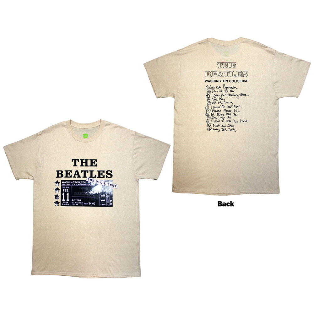 The Beatles Unisex T-Shirt: Washington '64 Promo & Setlist (Sand) (Back Print) (Small)