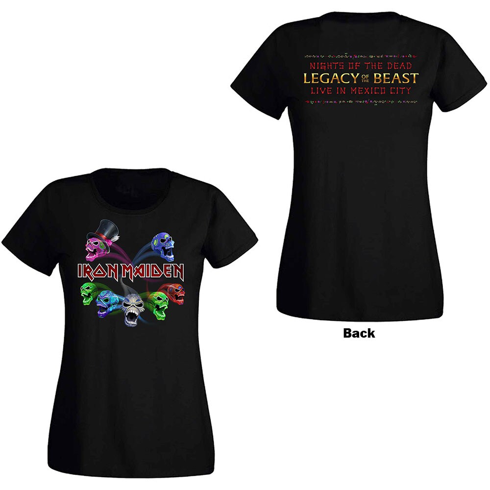 Iron Maiden Ladies T-Shirt: Legacy of the Beast Live Album Skulls (Back Print) (Small)