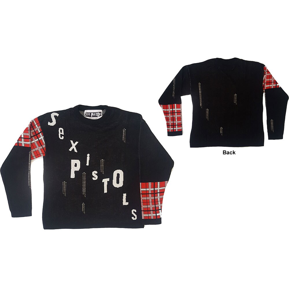 The Sex Pistols Unisex Jumper: Distressed Tartan Logo (Back Detail) (Large)