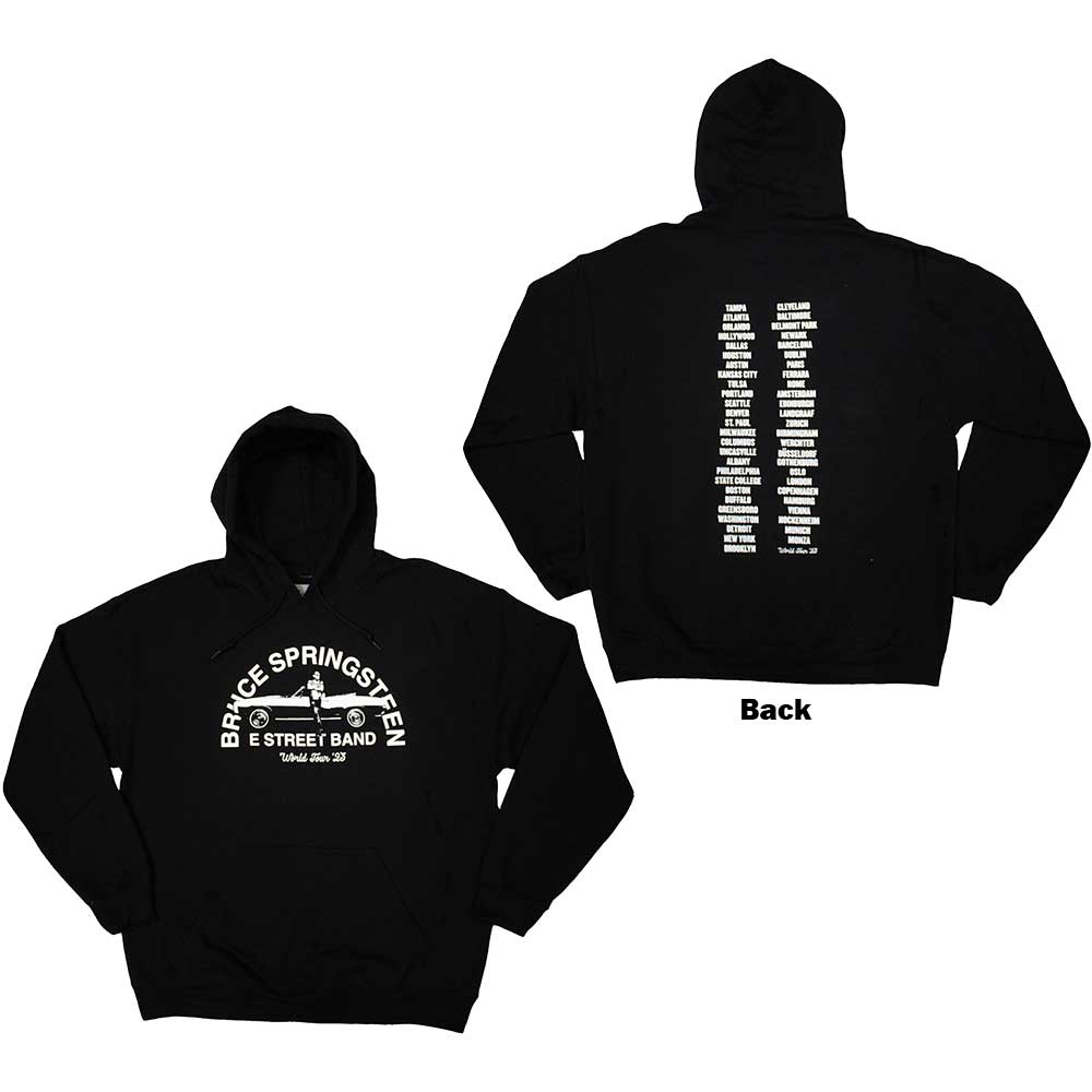 Bruce Springsteen Unisex Pullover Hoodie: Tour '23 Leaning Car (Back Print & Ex-Tour) (X-Large)