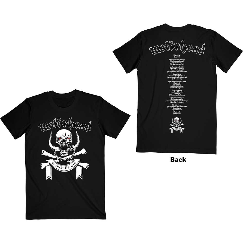 Motorhead Unisex T-Shirt: March or Die Lyrics (Back Print) (Medium)