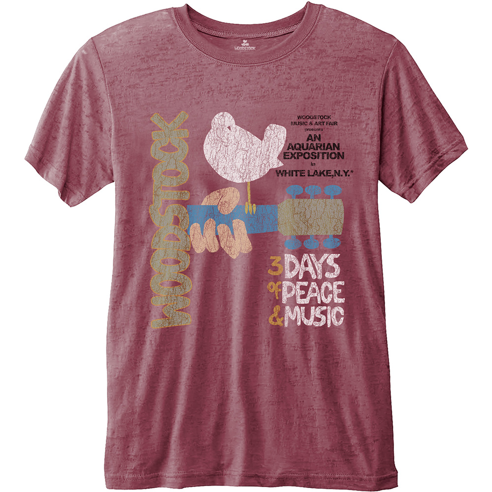 Woodstock Unisex Fashion Tee: Classic Vintage Poster with Burn Out Finishing (Small)