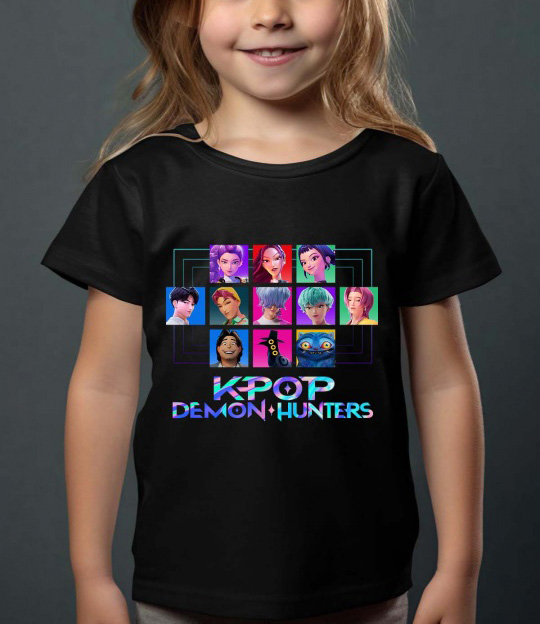 Huntrix Kpop Demon Hunters barn t-skjorte: "Square Characters" - tilgjengelig i flere farger - størrelse 3-14 år - 3