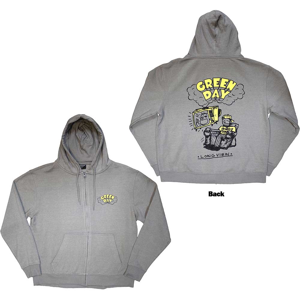 Green Day Unisex Zipped Hoodie: Longview Doodle (Back Print) (Large)