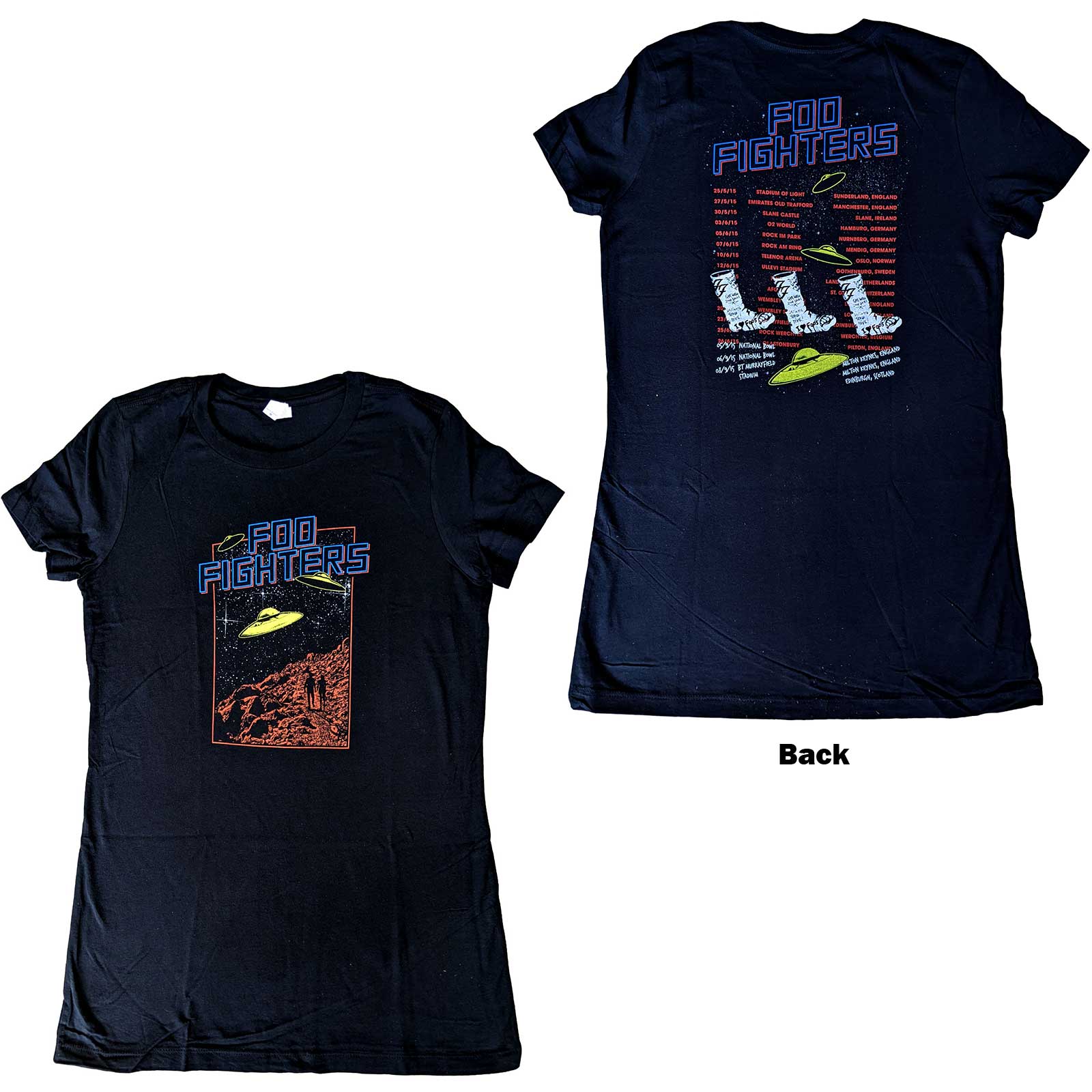 Foo Fighters Ladies T-Shirt: UFOS 2015 European Tour (Back Print) (Ex-Tour) (Small)