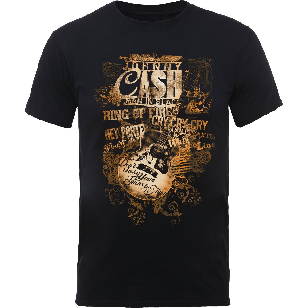 Johnny Cash Unisex T-Shirt: Guitar Song Titles (Large)