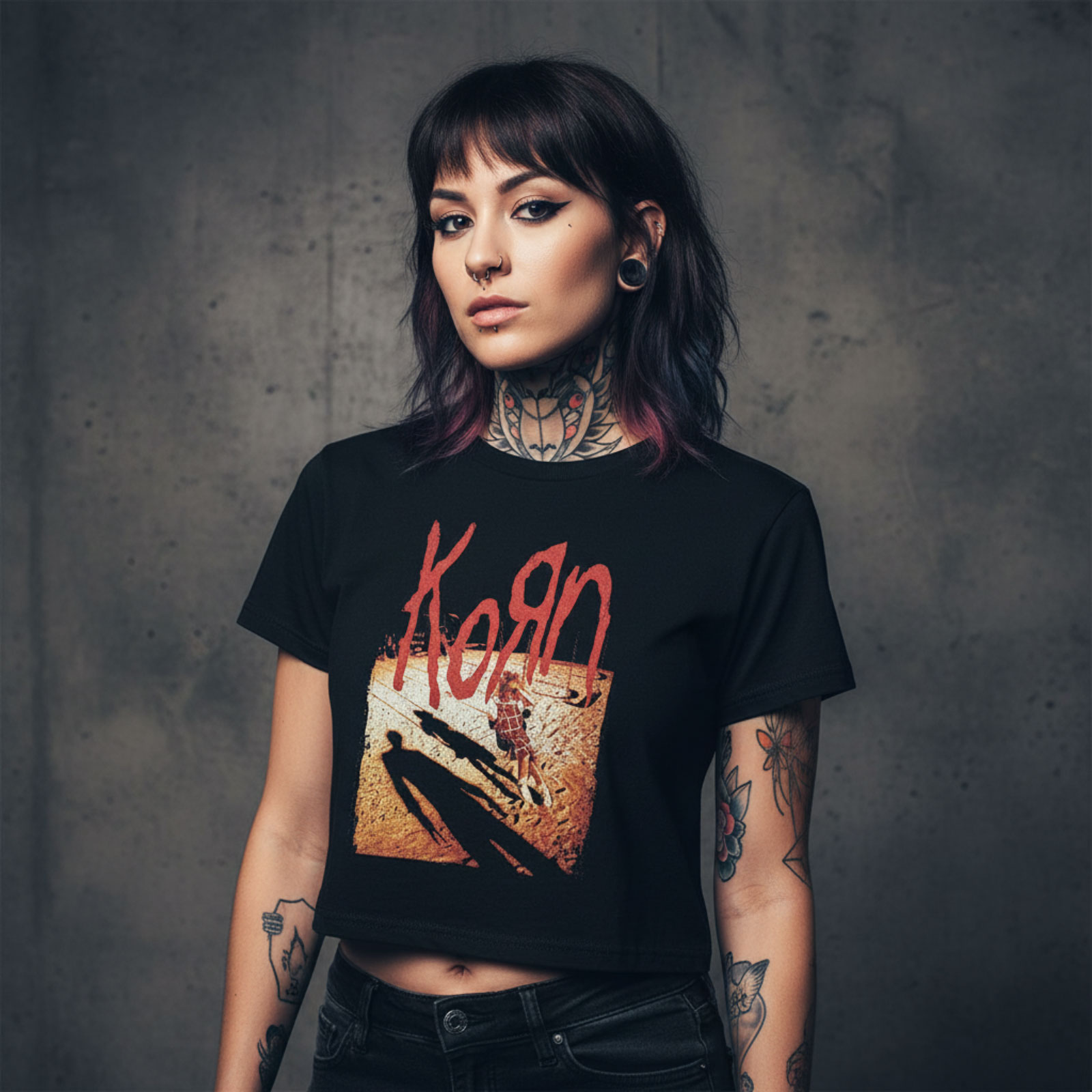 Korn Dame Mesh Crop Top: Shadow Playground (Sort)