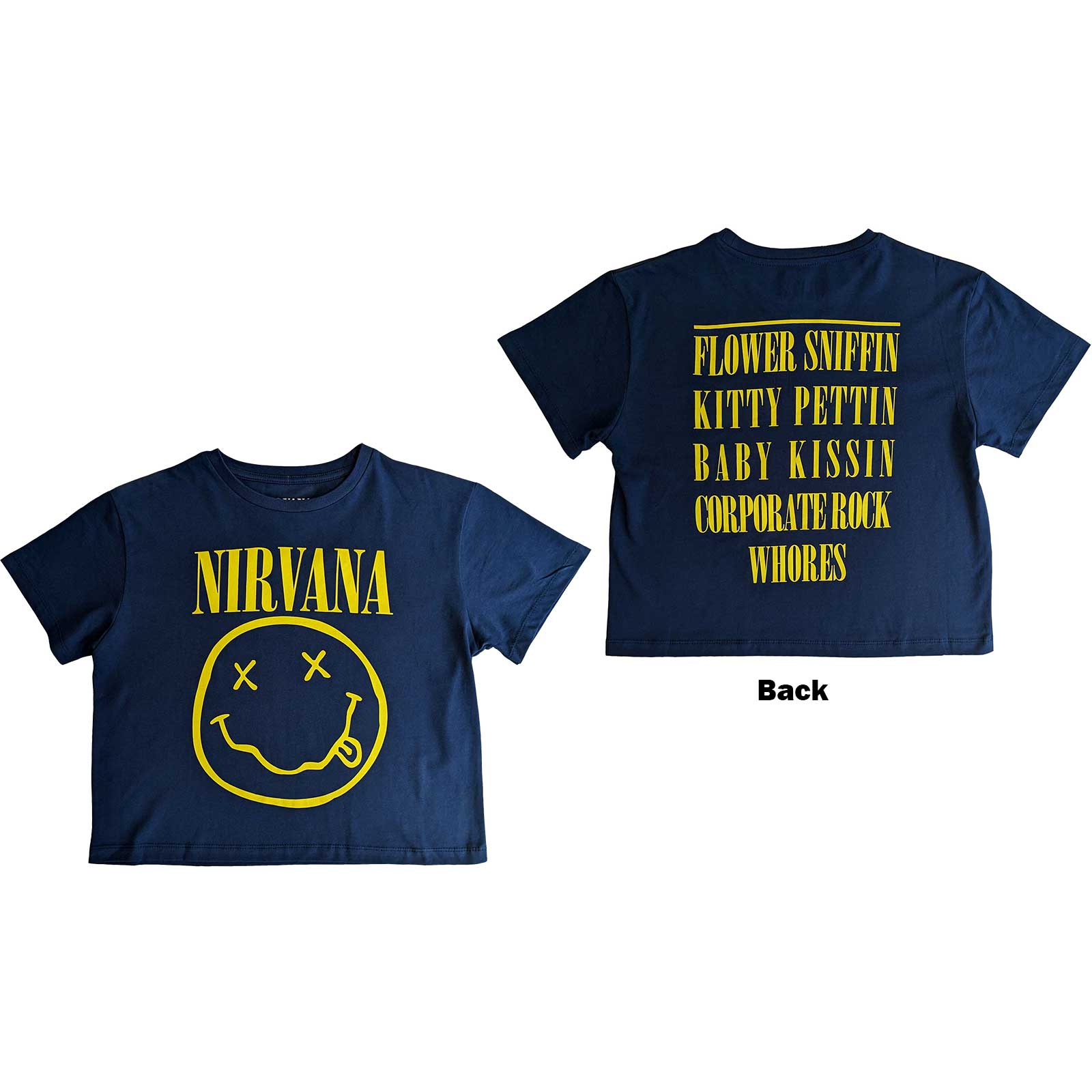 Nirvana Ladies Crop Top: Yellow Smiley Flower Sniffin (Back Print) (Medium)