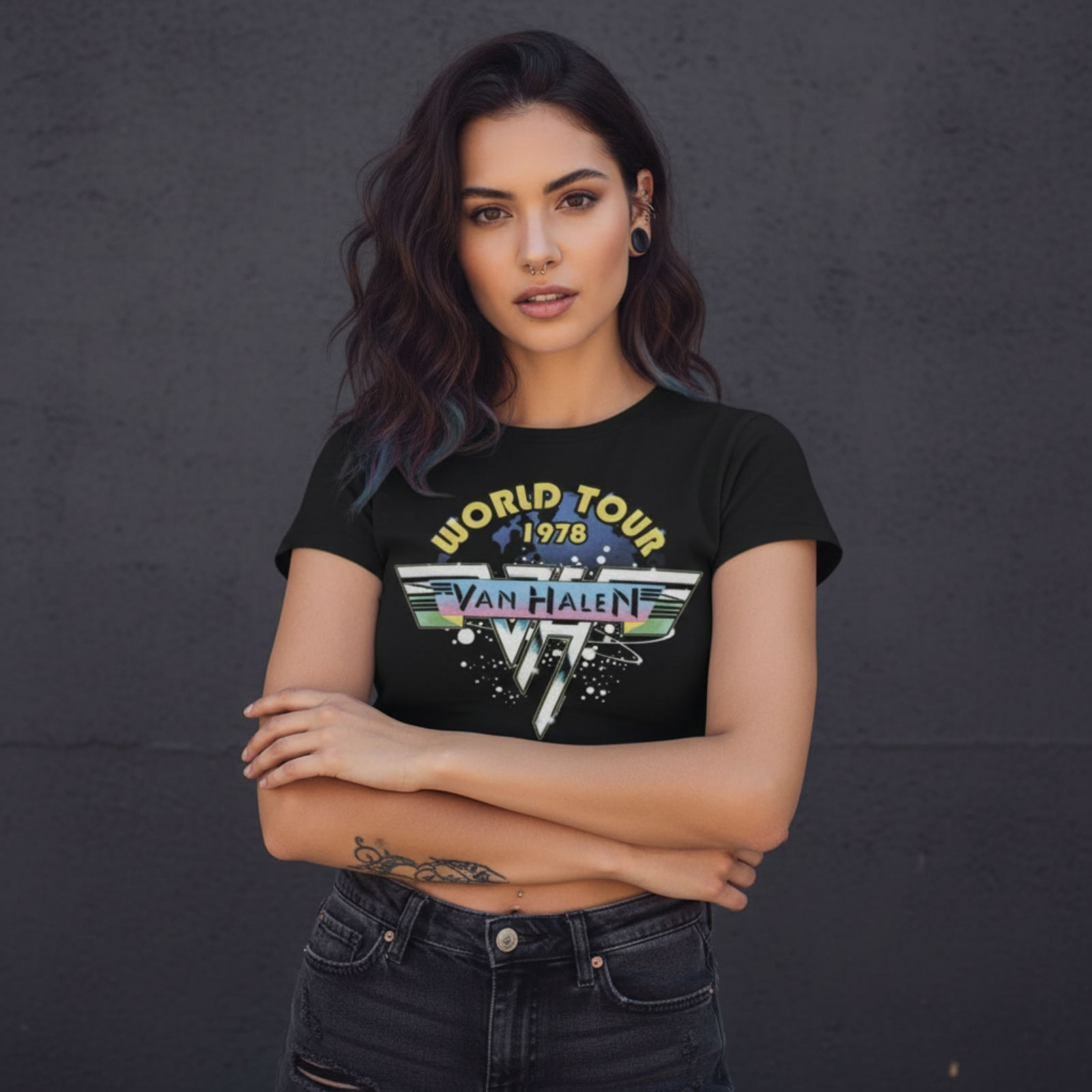 Van Halen Dam Mesh-Crop Top: World Tour '78 (Svart)