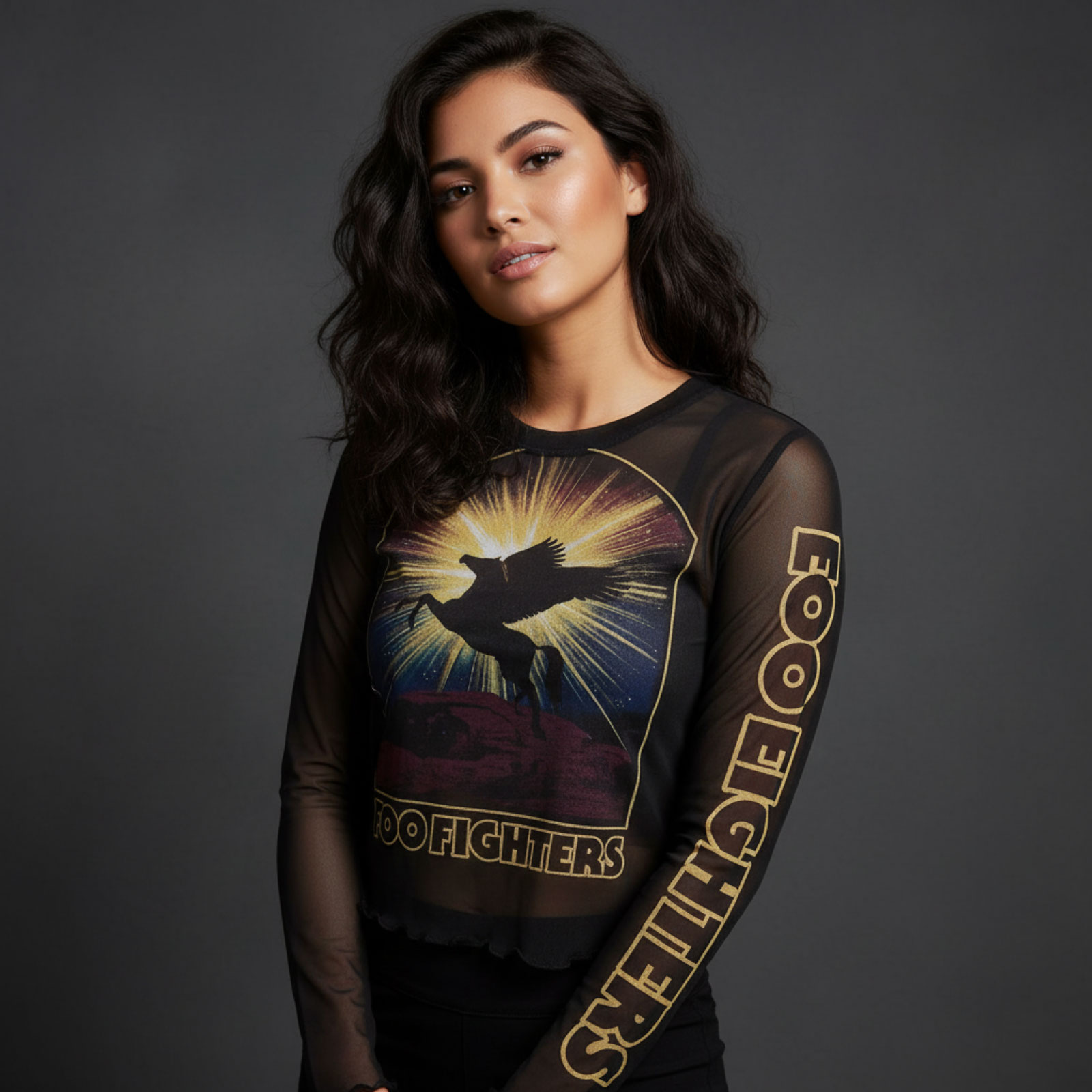 Foo Fighters Dame Langærmet Mesh Crop Top: Pegasus (sort)