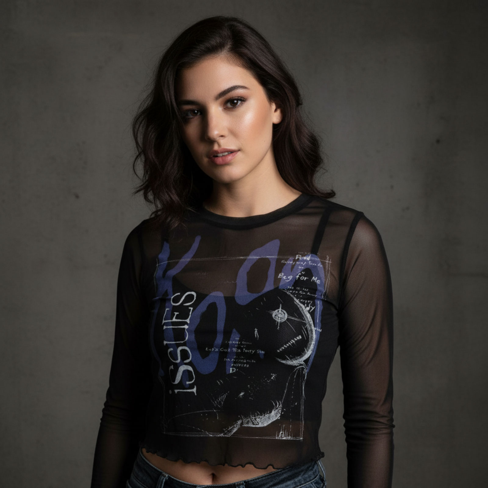 Korn Dame Langærmet Mesh Crop Top: Issues A Box (Sort)