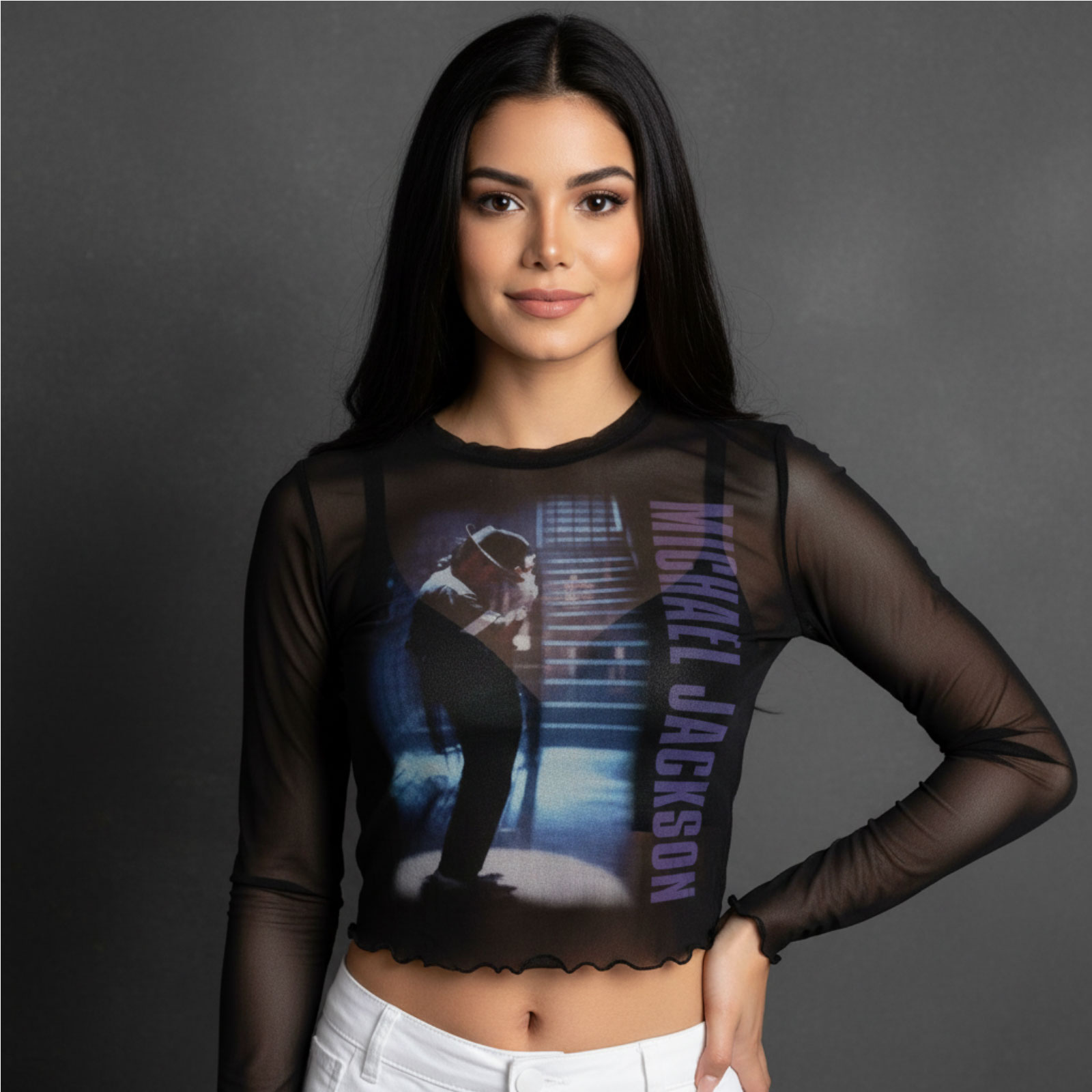 Michael Jackson Dame Langærmet Mesh Crop Top: Beat It (Sort)