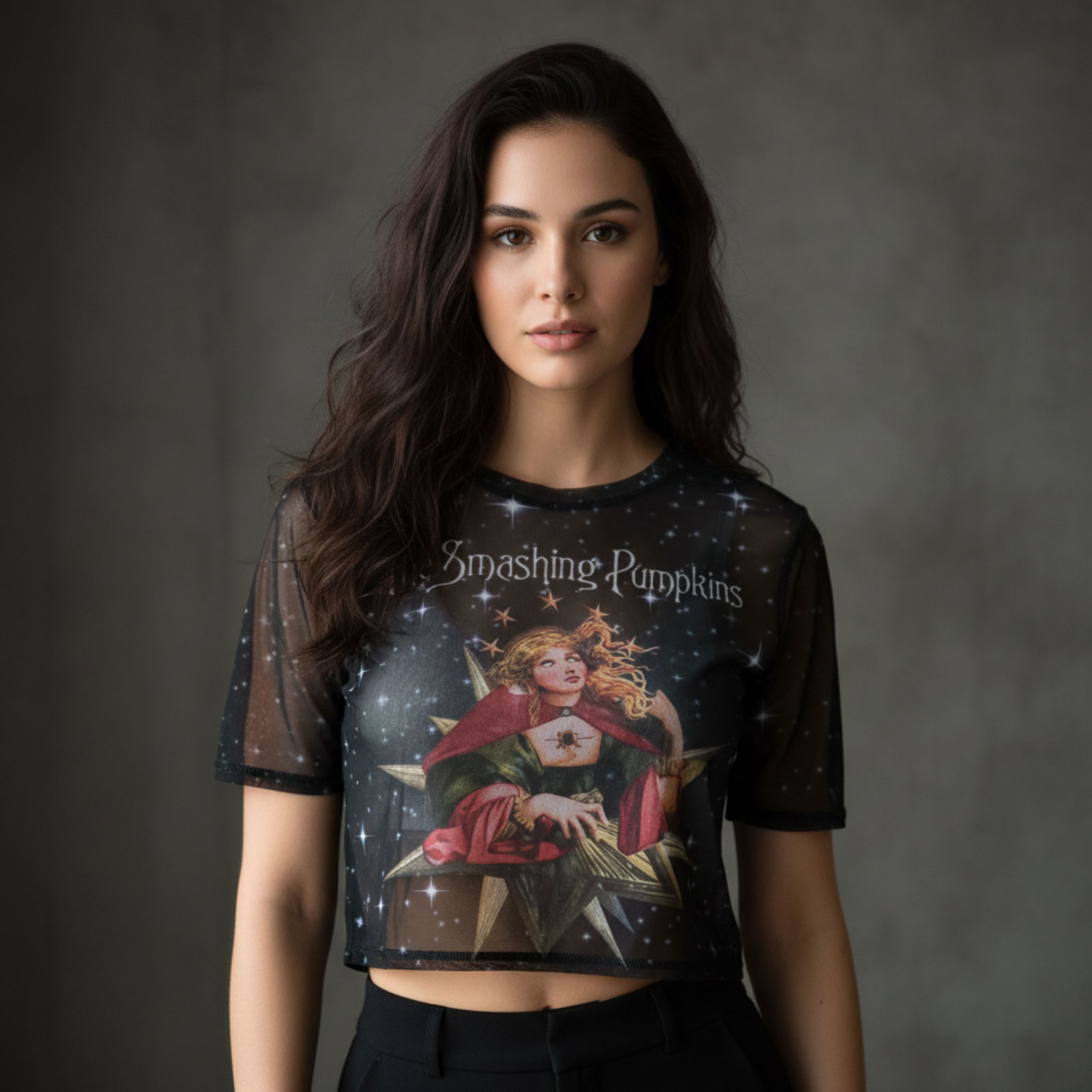 The Smashing Pumpkins Dame Langærmet Mesh Crop Top: Mellon Collie (Navy)