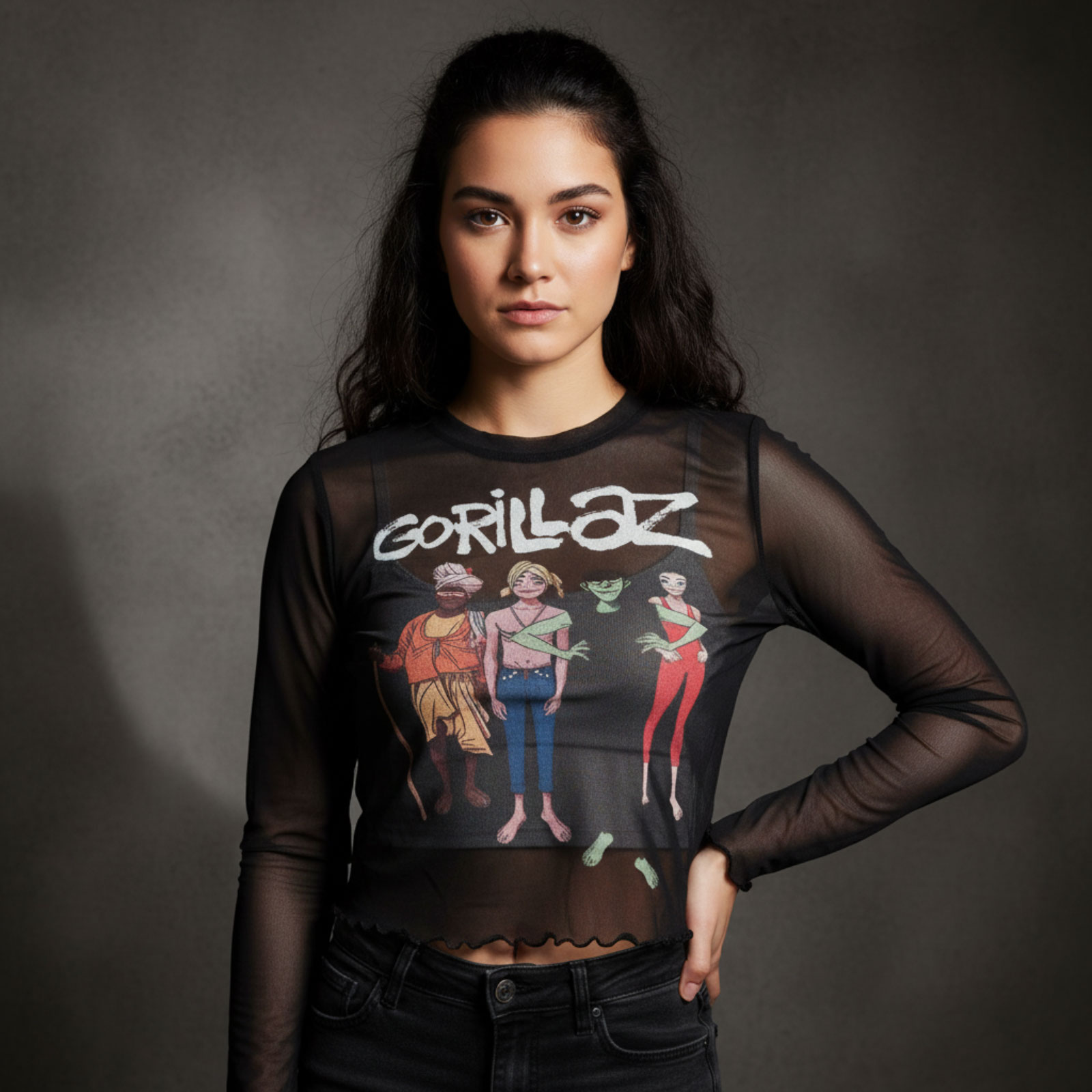 Gorillaz Dame Langærmet Mesh Crop Top: The Mountain Group (Sort)