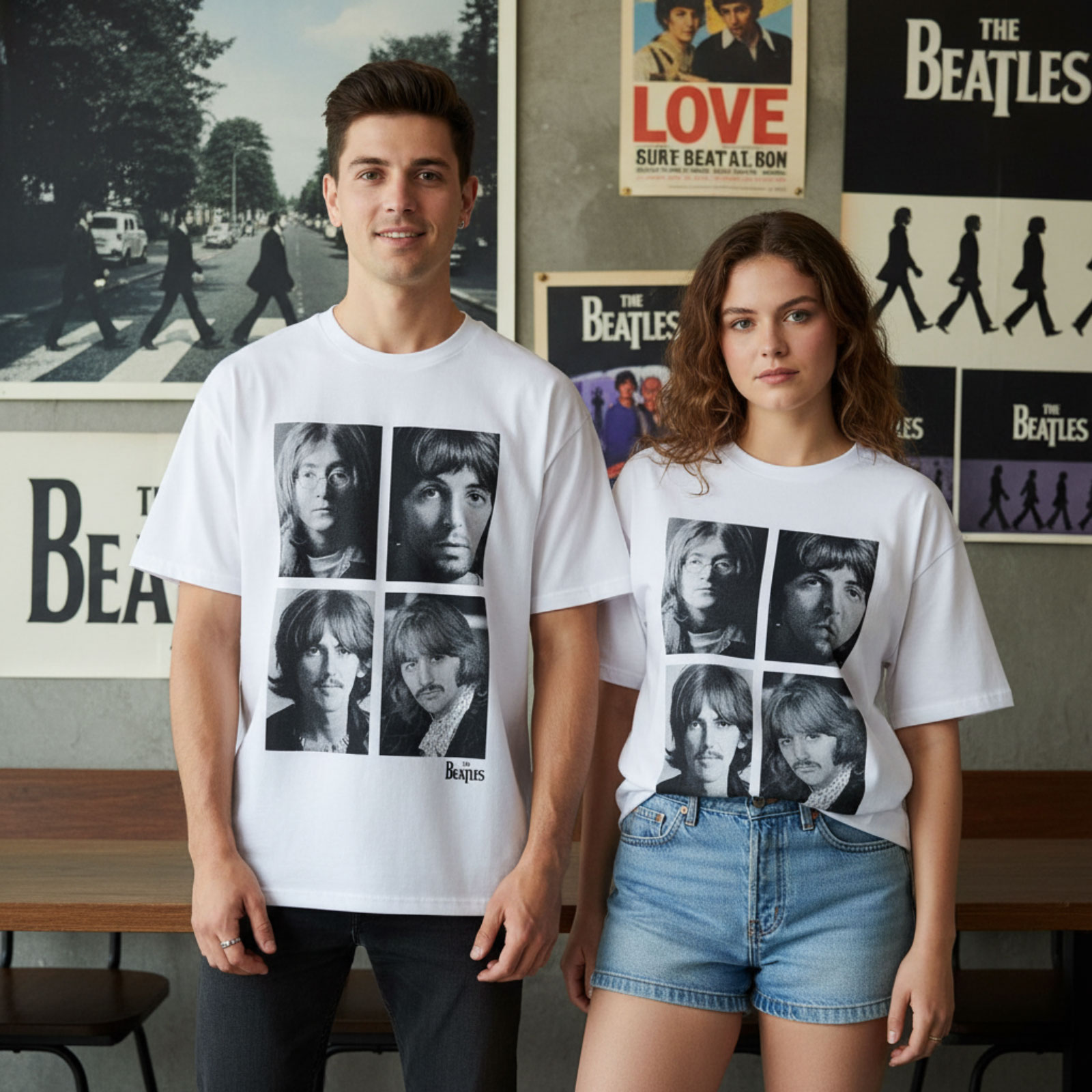 The Beatles Unisex Premium T-shirt: Four Portrait Wash (vit)