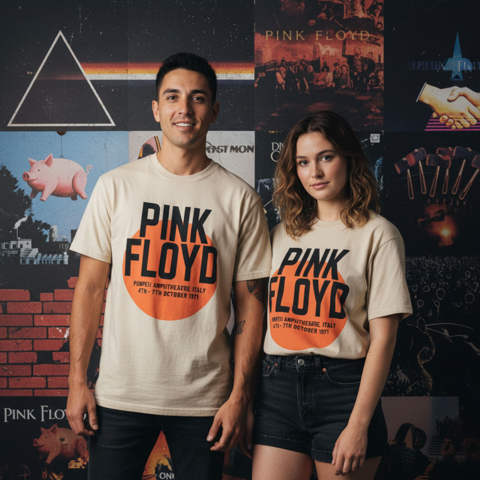 Pink Floyd Unisex Premium T-paita: Pompeii Circle Wash (Hiekka) (Takapaino)