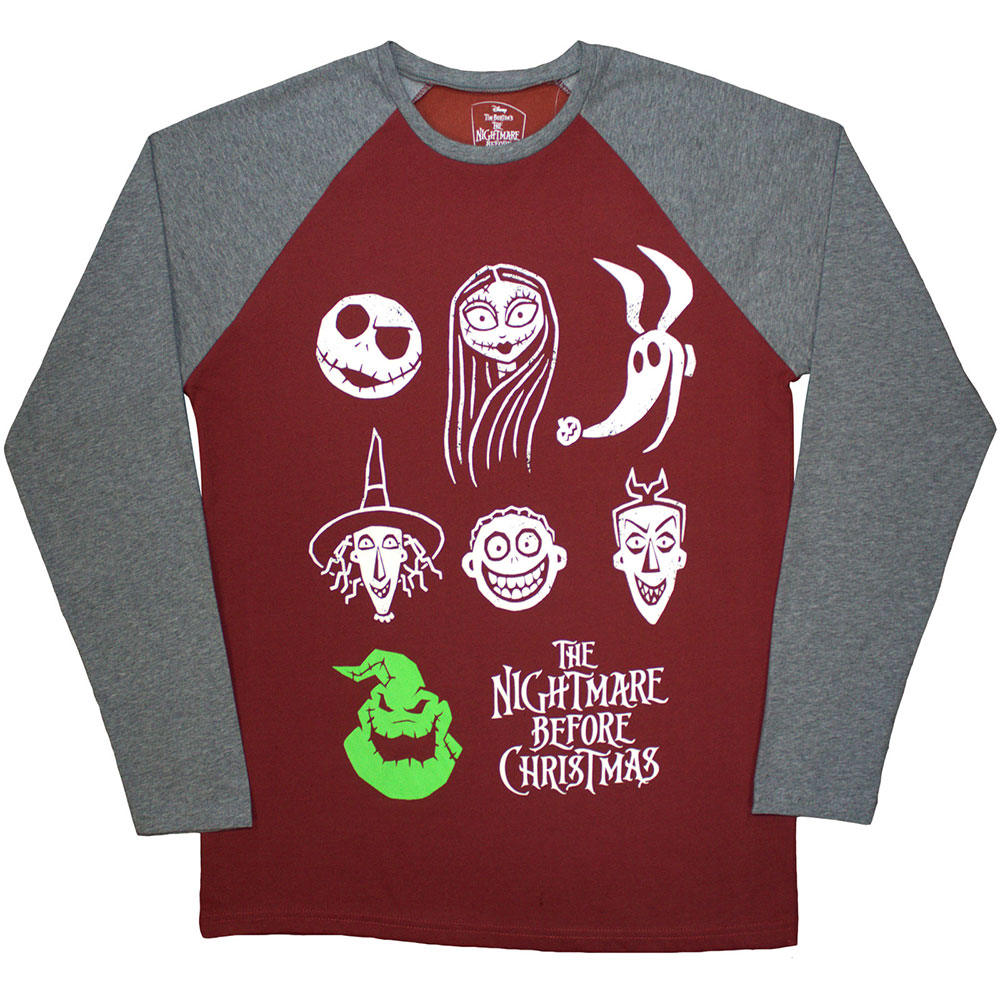 The Nightmare Before Christmas Unisex Raglan T-Shirt: Stacked Faces (Embellished) (Large)