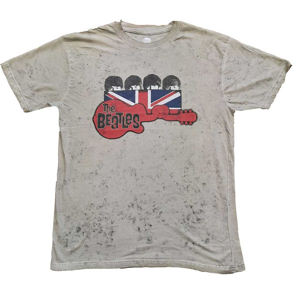 The Beatles Unisex T-Shirt: Guitar & Flag (Snow Wash) (Large)