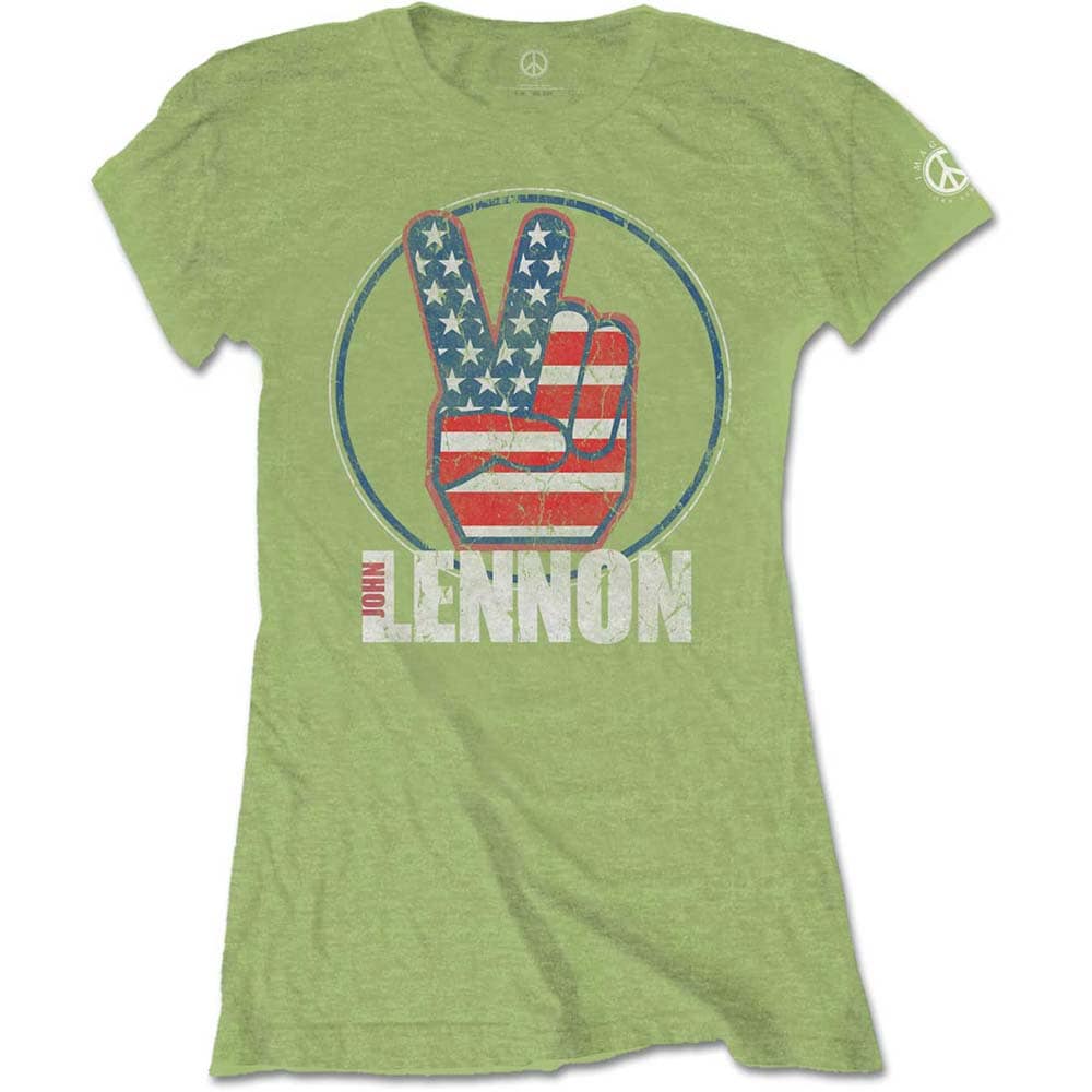 John Lennon Ladies T-Shirt: Peace Fingers US Flag (Small)