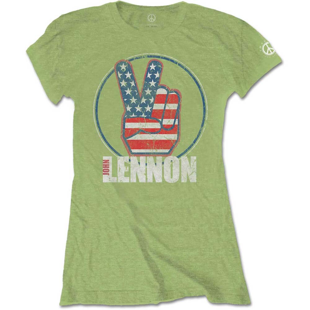 John Lennon Ladies T-Shirt: Peace Fingers US Flag (Large)