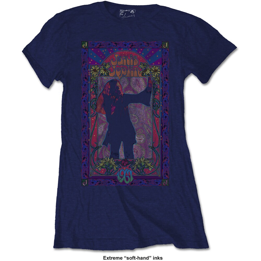 Janis Joplin Ladies T-Shirt: Paisley & Flowers Frame (Soft Hand Inks) (XX-Large)