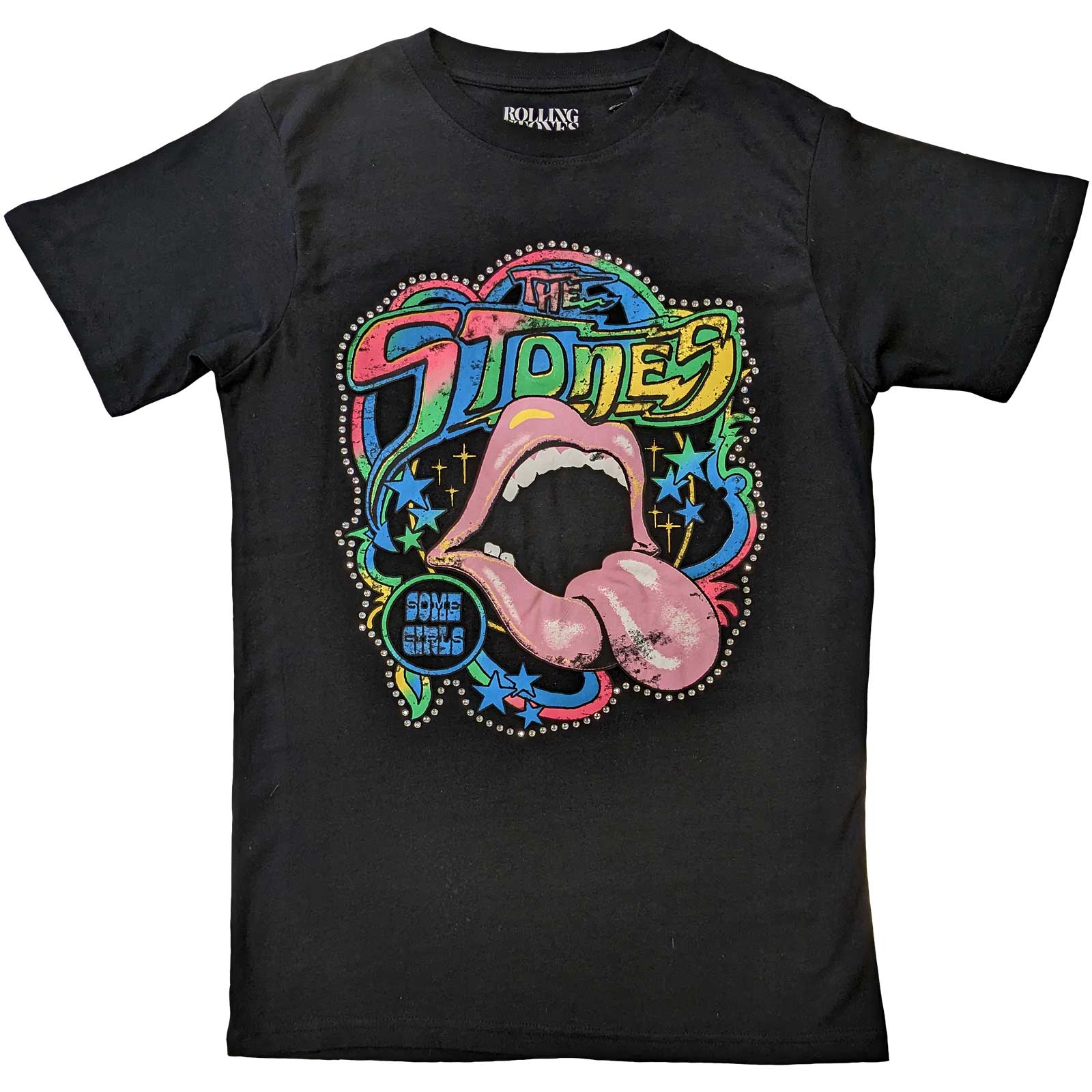 The Rolling Stones Unisex Embellished T-Shirt: Some Girls Neon Tongue (Diamante) (Large)