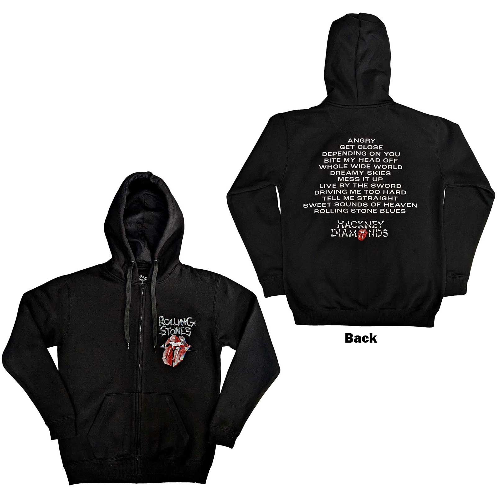 The Rolling Stones Unisex Zipped Hoodie: Hackney Diamonds Tracklist (Back Print) (Small)